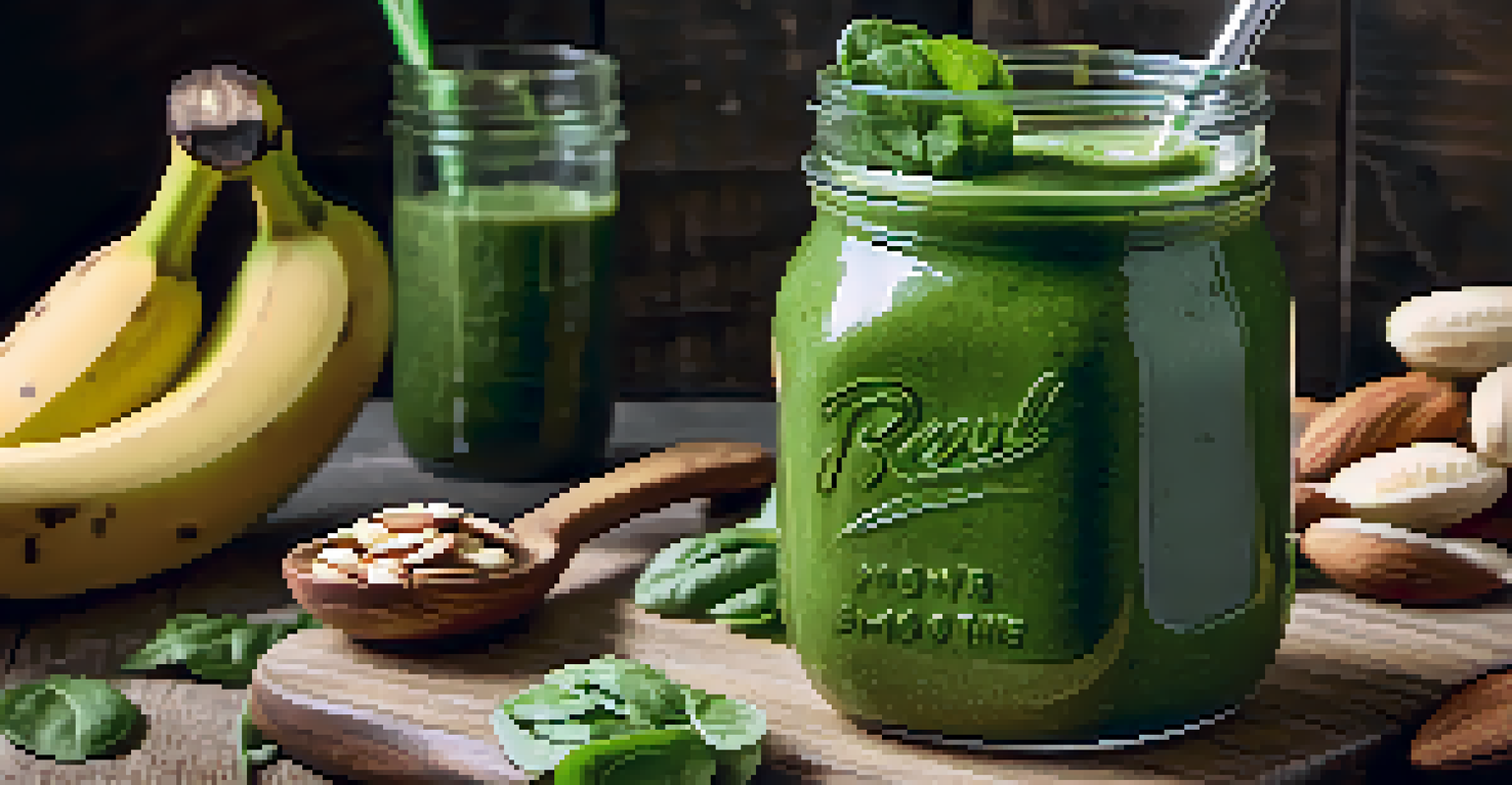 A Green Power Smoothie in a mason jar on a rustic table, surrounded by fresh spinach, a banana, and almond butter, with soft lighting.