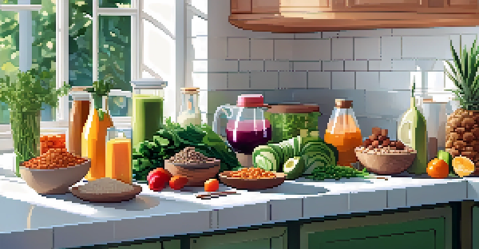 A bright kitchen filled with various colorful plant-based foods on the countertop, including legumes, quinoa, leafy greens, and a green protein smoothie in a blender.
