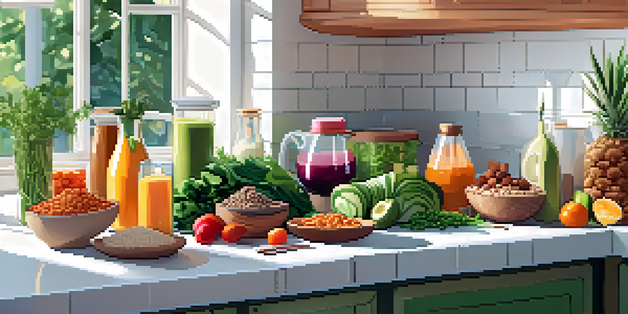 A bright kitchen filled with various colorful plant-based foods on the countertop, including legumes, quinoa, leafy greens, and a green protein smoothie in a blender.