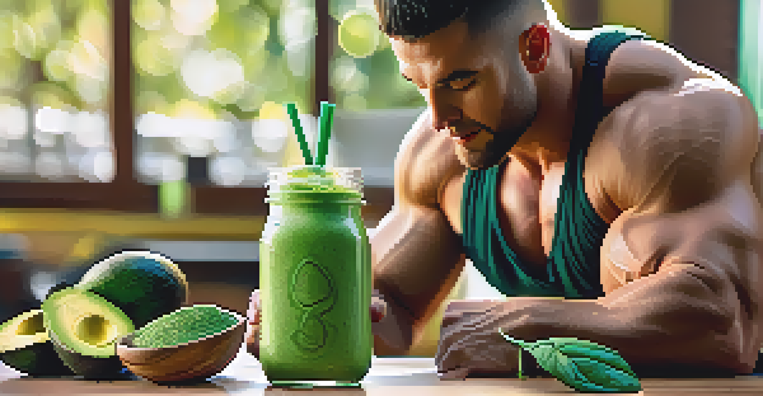 A bodybuilder drinking a green smoothie made with spinach and avocado in a fitness setting.
