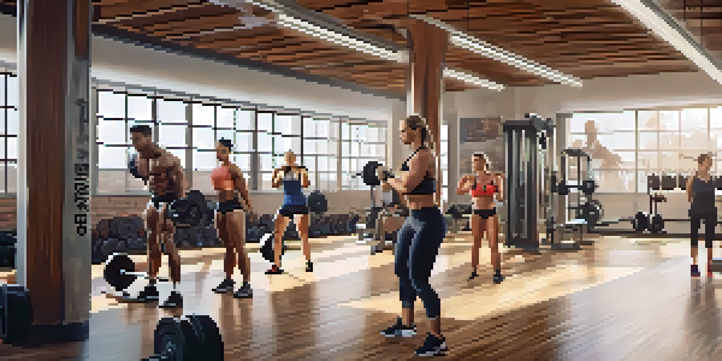 A diverse group of bodybuilders in a gym, with a woman lifting weights and motivational quotes on the walls.