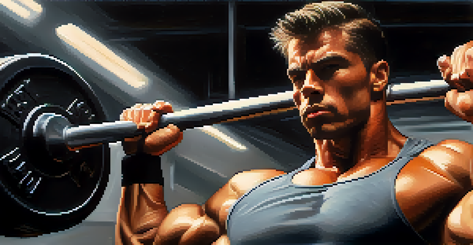 Close-up of a determined bodybuilder lifting weights, showcasing their strength and focus in a dramatic lighting setting.