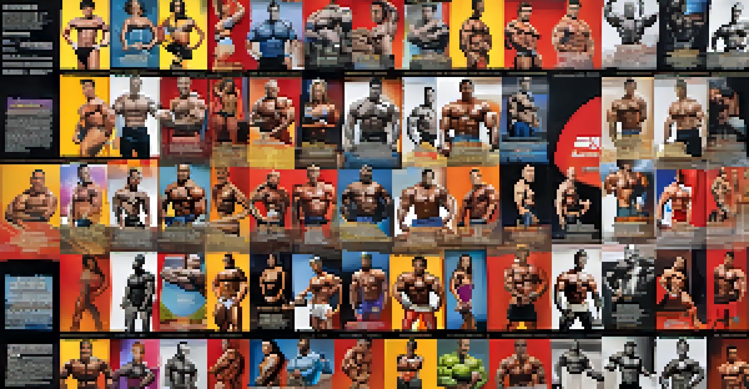 A collage showcasing before and after images of bodybuilders highlighting their transformation journeys.