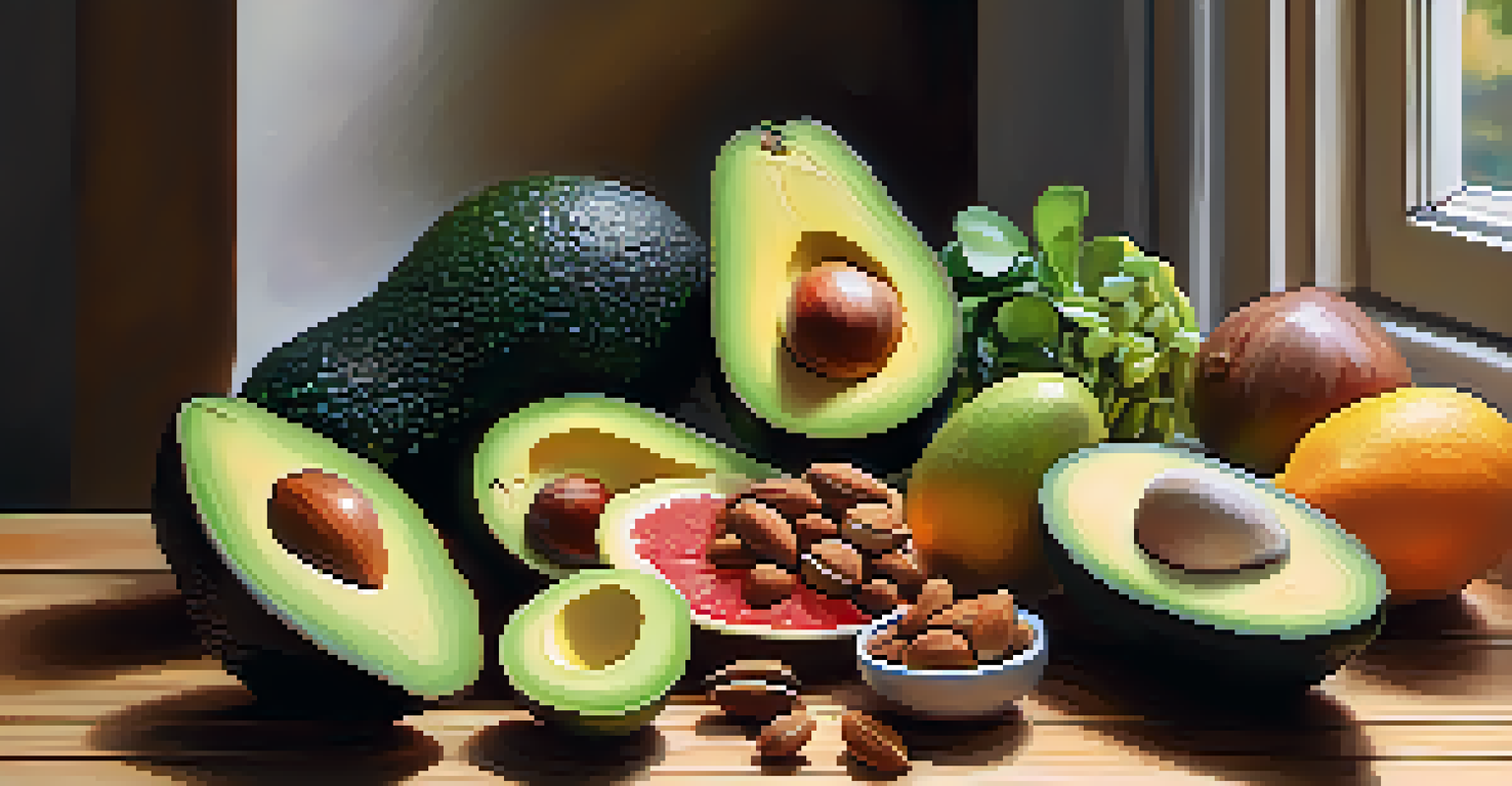 A variety of healthy foods including avocados, nuts, and fruits displayed on a wooden table, highlighting the importance of diet for hormonal balance.