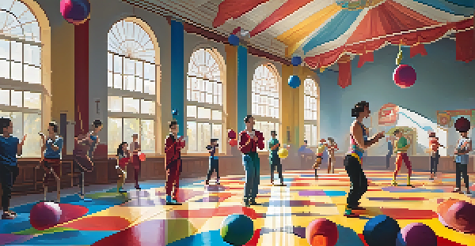 A diverse group of people practicing juggling in a bright gym with colorful mats and sunlight streaming through the windows.