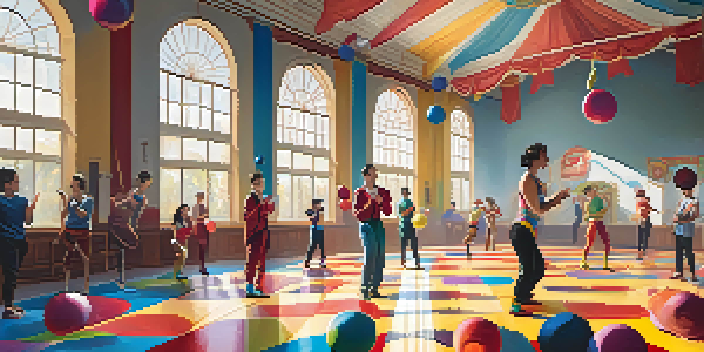 A diverse group of people practicing juggling in a bright gym with colorful mats and sunlight streaming through the windows.