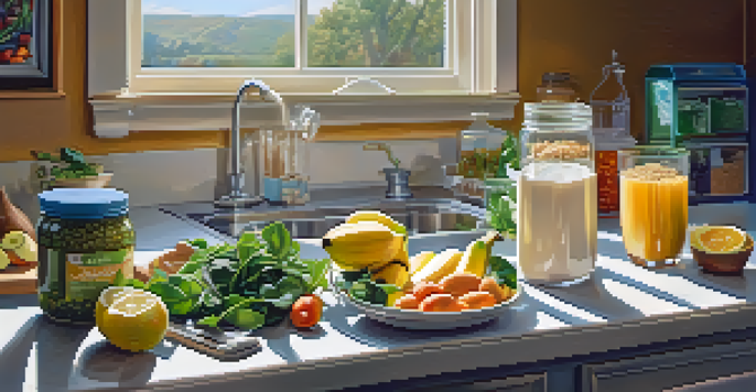 A bright kitchen with fresh ingredients for a pre-workout meal, including spinach, bananas, oats, and grilled chicken, illuminated by natural light.