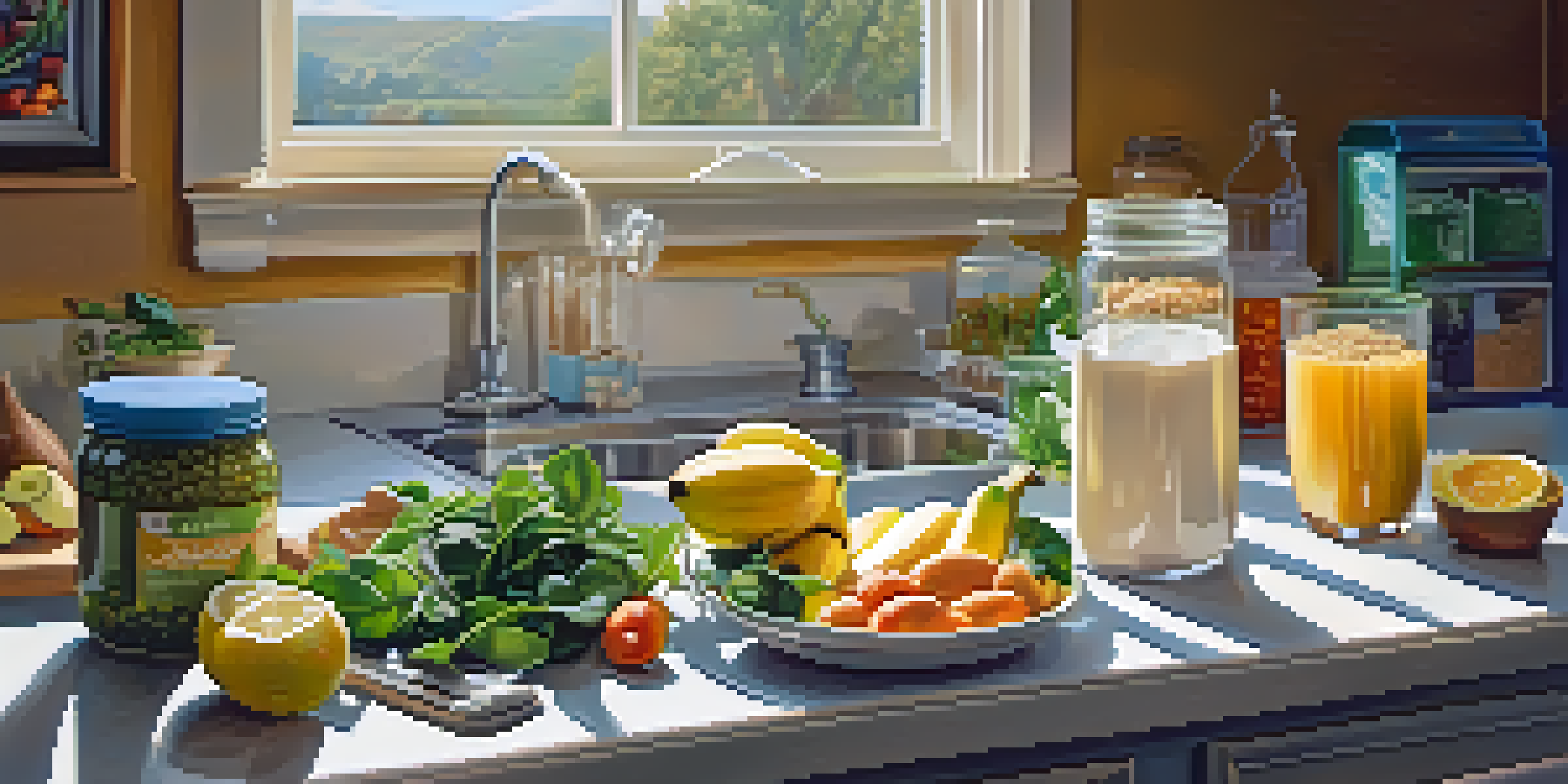A bright kitchen with fresh ingredients for a pre-workout meal, including spinach, bananas, oats, and grilled chicken, illuminated by natural light.
