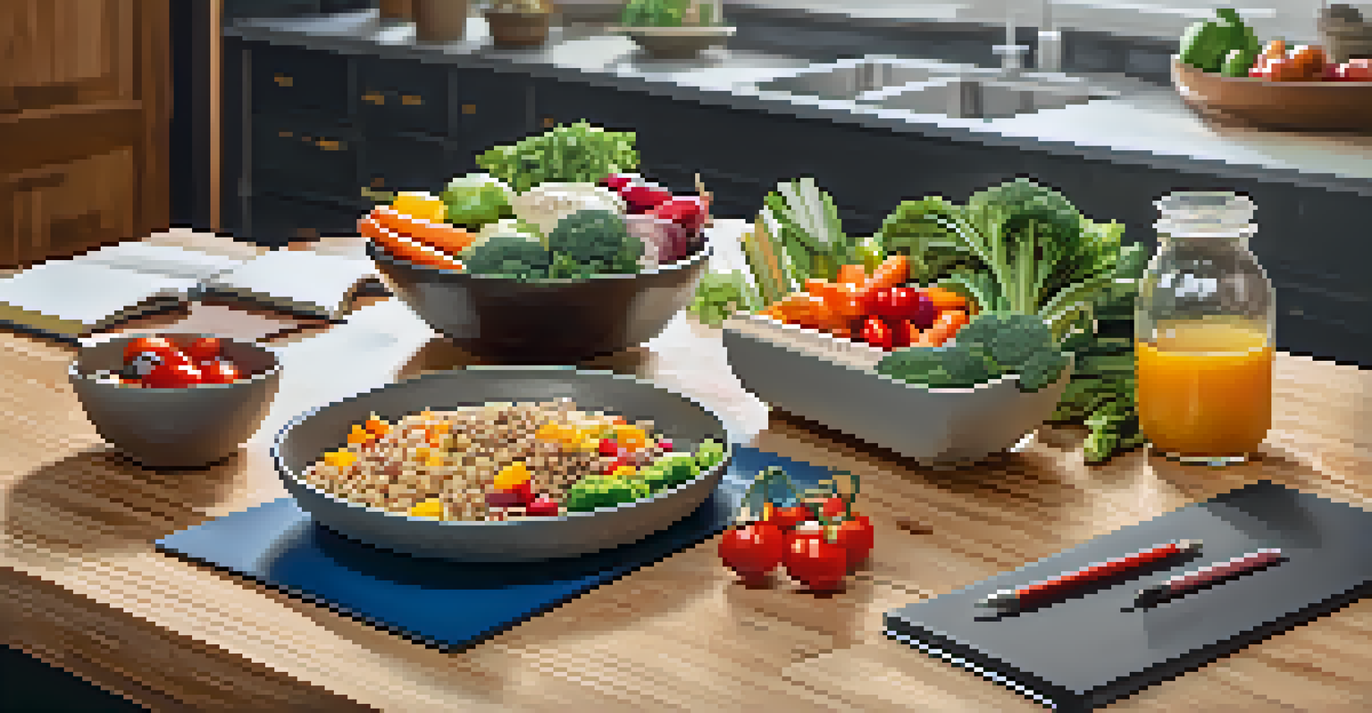 A vibrant meal prep scene with colorful vegetables and lean meats on a kitchen counter.