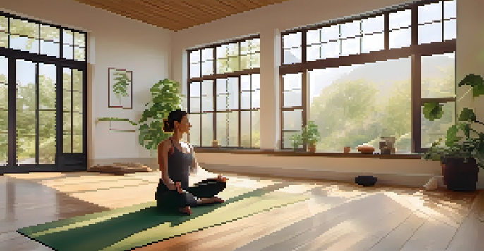 A person practicing the boat pose in a bright yoga studio with wooden floors and green plants.