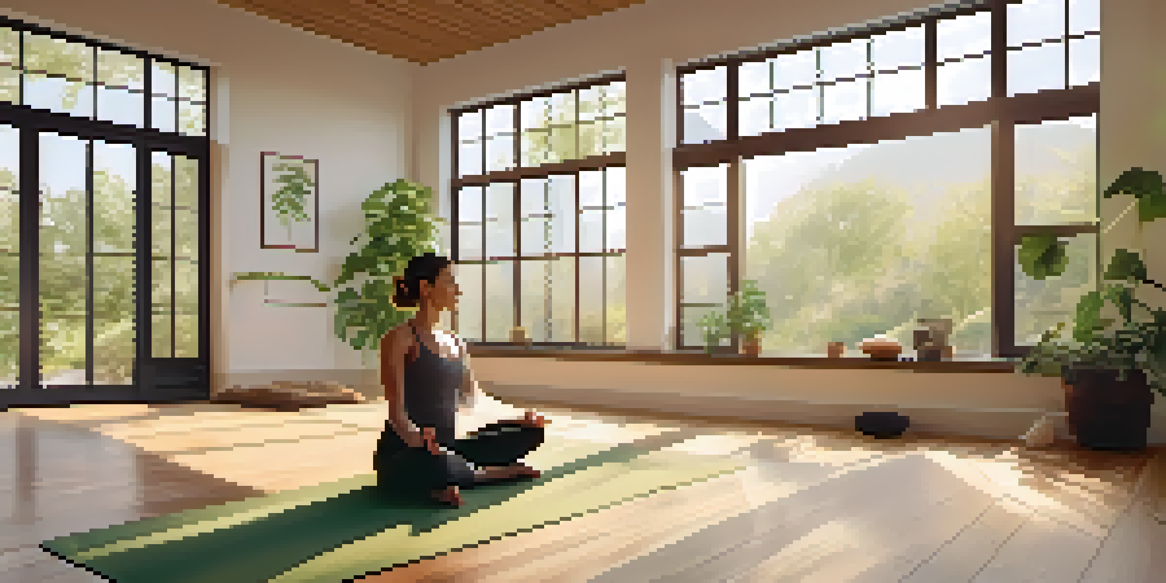 A person practicing the boat pose in a bright yoga studio with wooden floors and green plants.