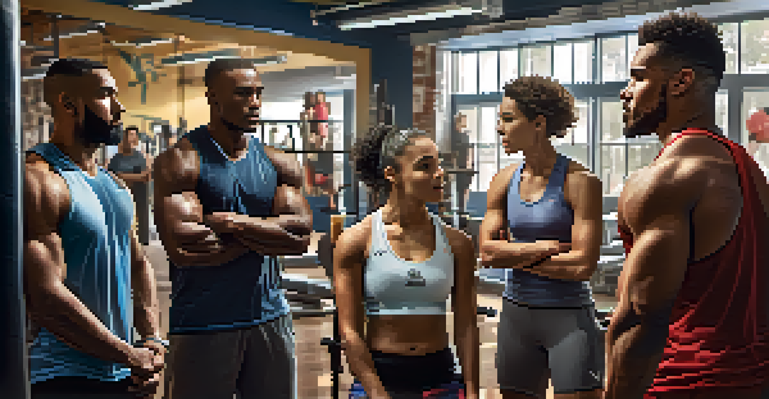 A group of diverse athletes discussing supplement use in a gym, showing expressions of determination and camaraderie.