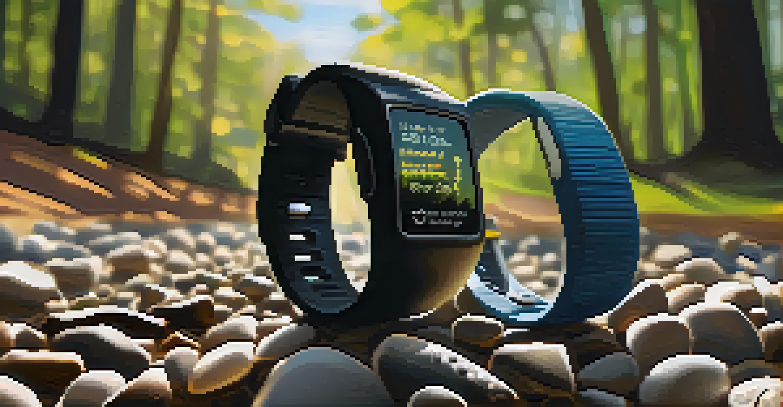 A hand holding a fitness tracker showing steps and heart rate, with a running trail in the background illuminated by sunlight.