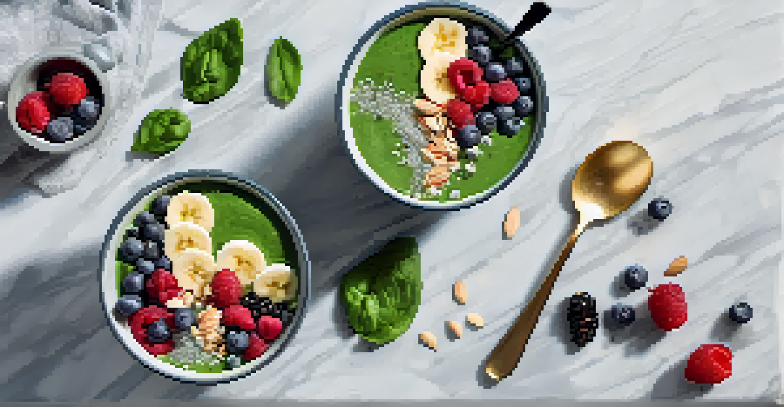 A healthy smoothie bowl with spinach, banana, and protein powder, garnished with nuts and berries, displayed on a marble countertop.