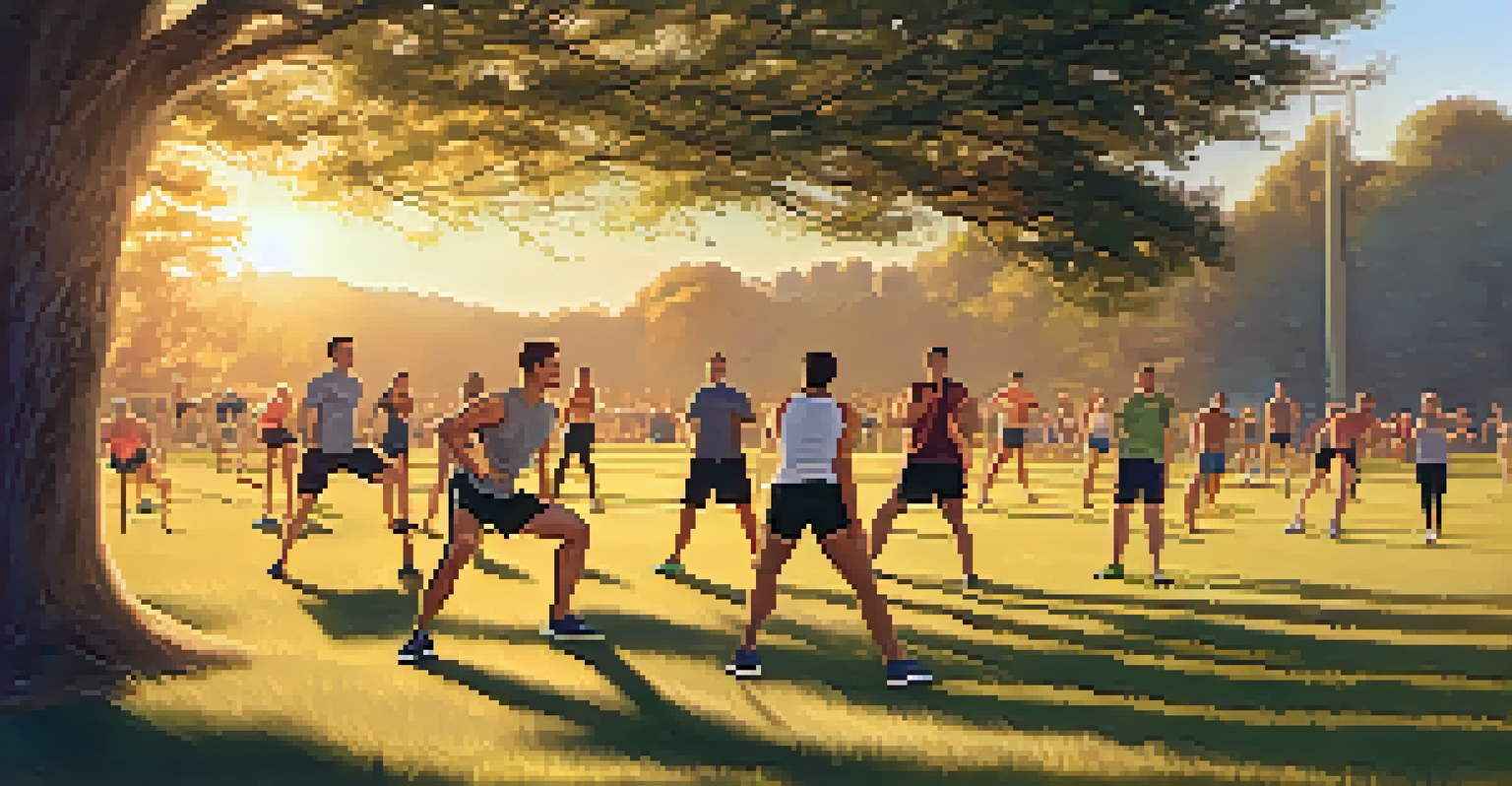 People practicing high-intensity interval training in a park at sunset, with a trainer leading the workout and a warm golden glow in the background.