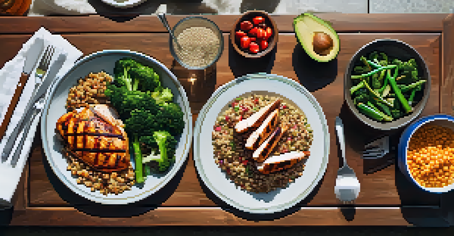 An overhead view of a bodybuilding competitor's meal prep with grilled chicken, vegetables, and quinoa in a bright kitchen.