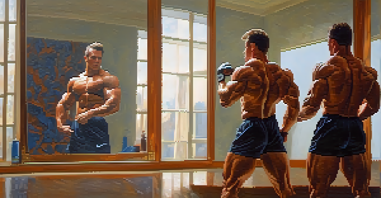 A bodybuilder practicing poses in front of a mirror, highlighting his muscular physique and concentration.