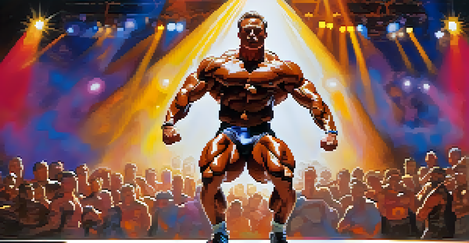 A bodybuilder striking a pose on stage during a competition, illuminated by bright lights with an audience in the background.