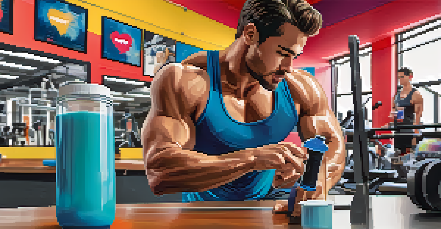 An athlete in a gym pouring milk into a shaker bottle to prepare a whey protein shake, with protein powder in the foreground.