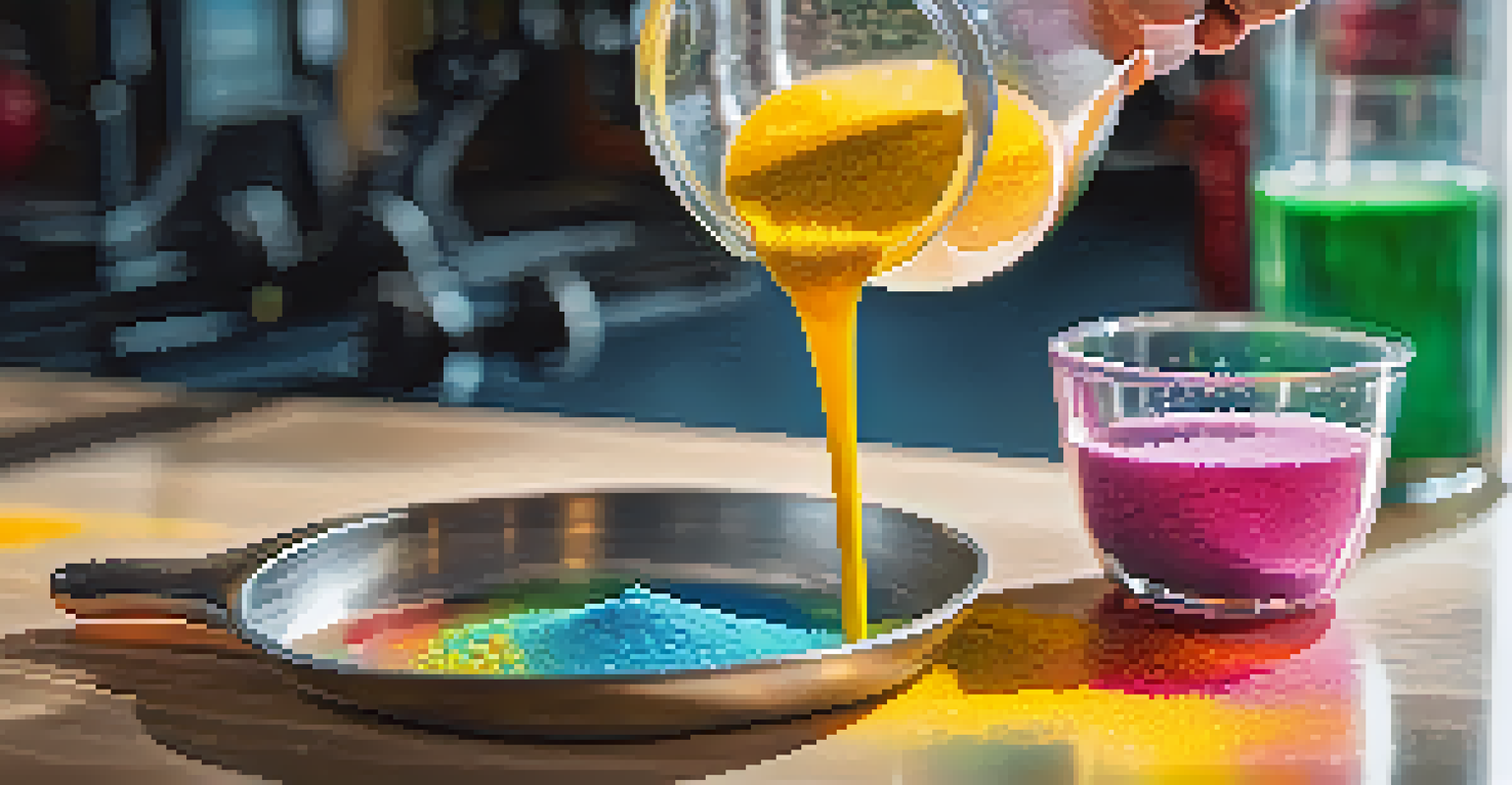 A hand pouring bright powder into a glass of water against a blurred gym background.