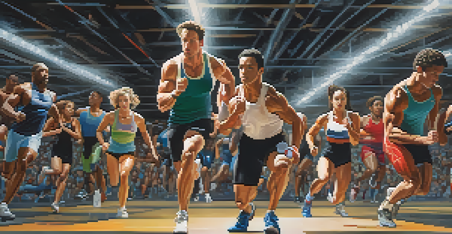 A group of athletes performing various high-intensity workouts in a brightly lit gym.