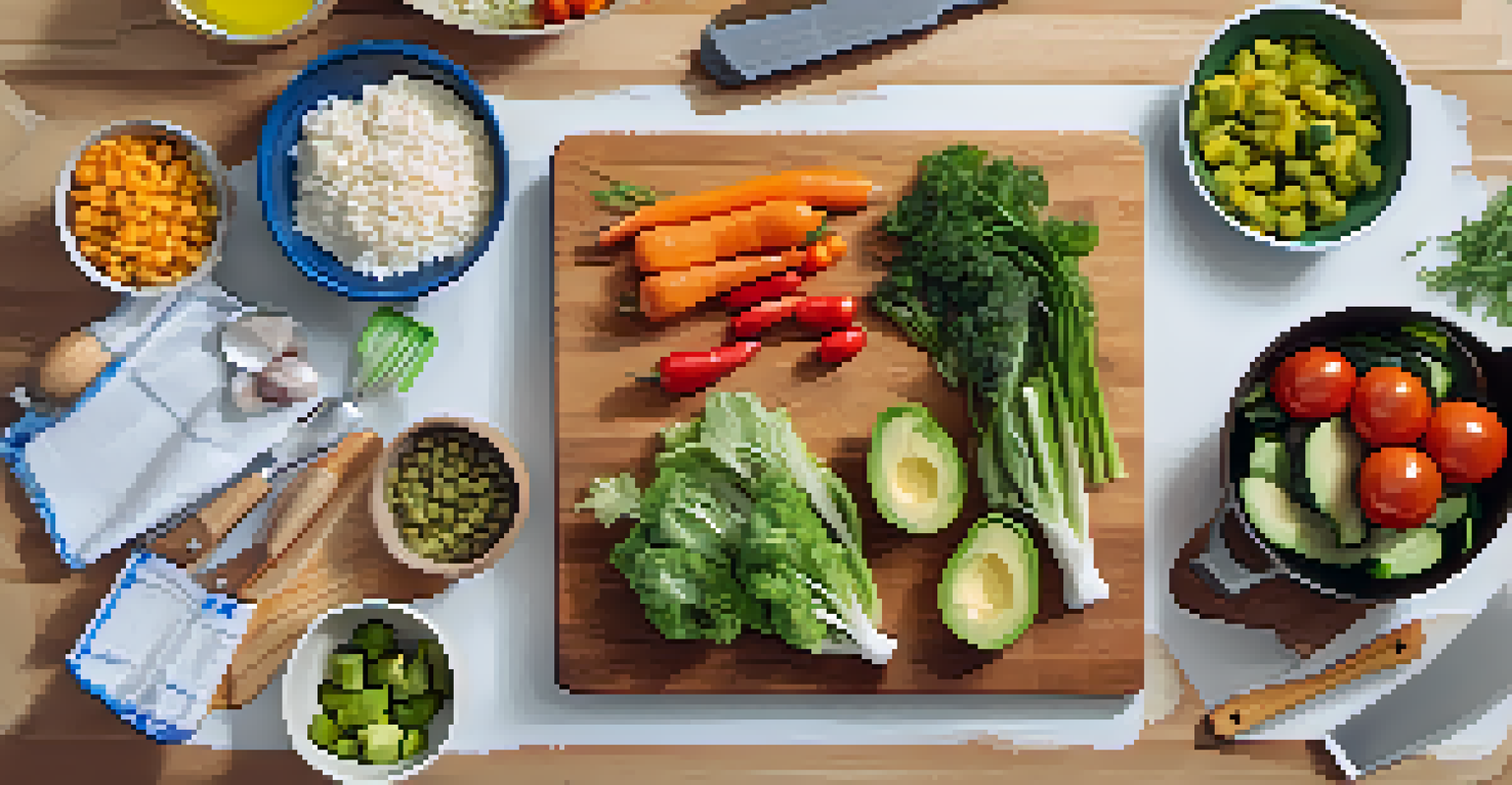 An aerial view of a meal prep session with chopped ingredients and cooking utensils.
