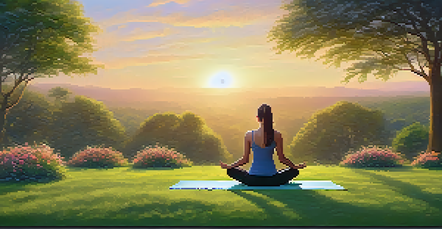 A person practicing yoga in a green park during sunset, performing a gentle stretch surrounded by nature.
