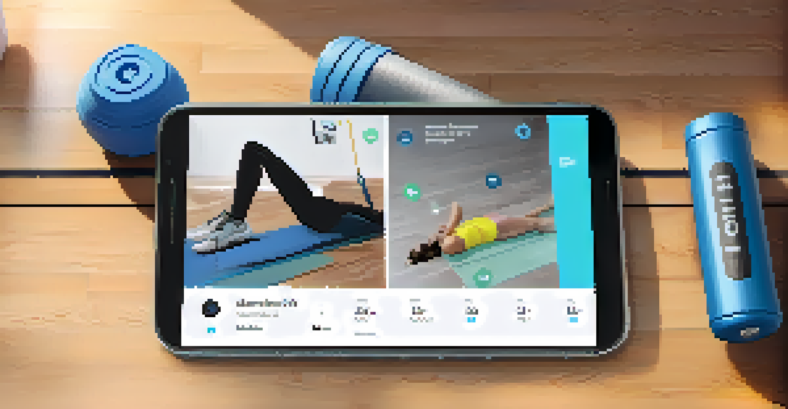 An overhead view of a smartphone with a fitness app, surrounded by protein supplements and a water bottle on a gym floor.