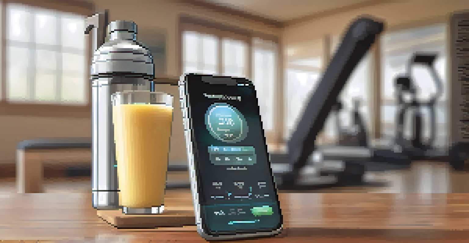 A smartphone on a wooden table showing a fitness app interface with workout plans and nutritional guidance, alongside a water bottle and protein shake.