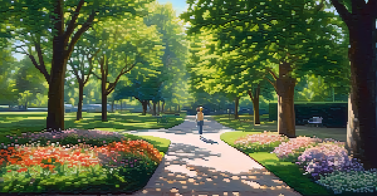 A person walking in a peaceful park surrounded by blooming flowers and greenery.