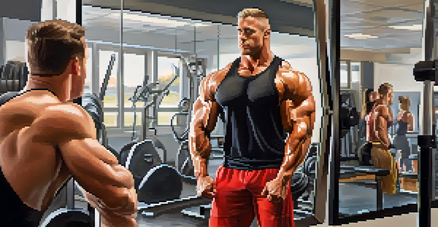 A bodybuilder standing in front of a gym mirror, smiling confidently at their reflection, with workout equipment in the background.
