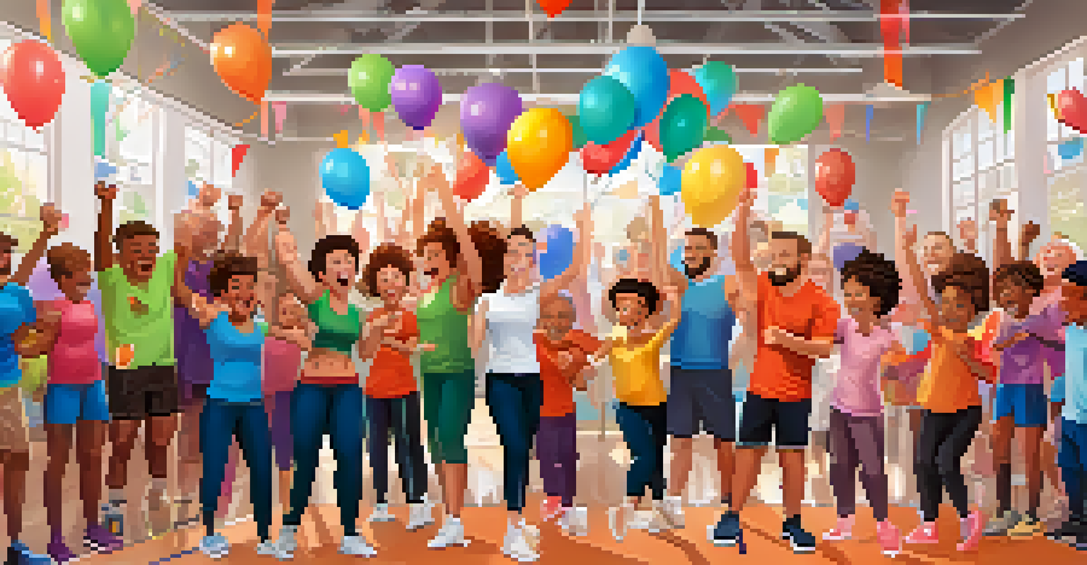 A group of fitness enthusiasts celebrating personal milestones in a gym, with cheers, smiles, and a festive atmosphere.