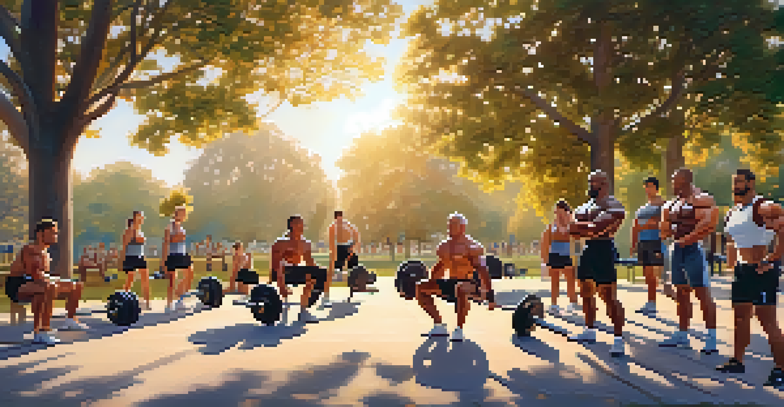 A group of diverse bodybuilders working out in a park at sunrise, surrounded by greenery.