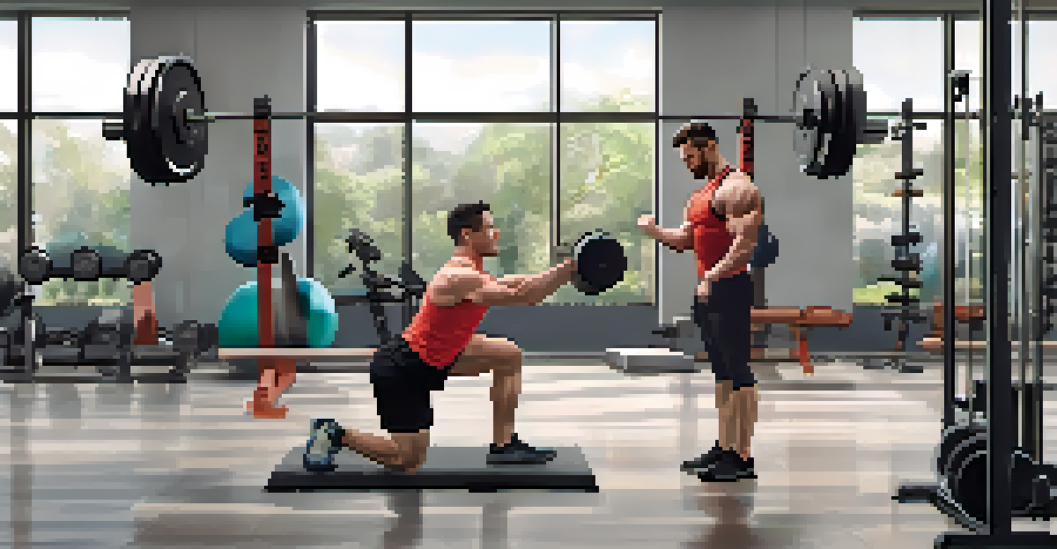 A personal trainer demonstrating weightlifting form to a client in a bright, modern gym.