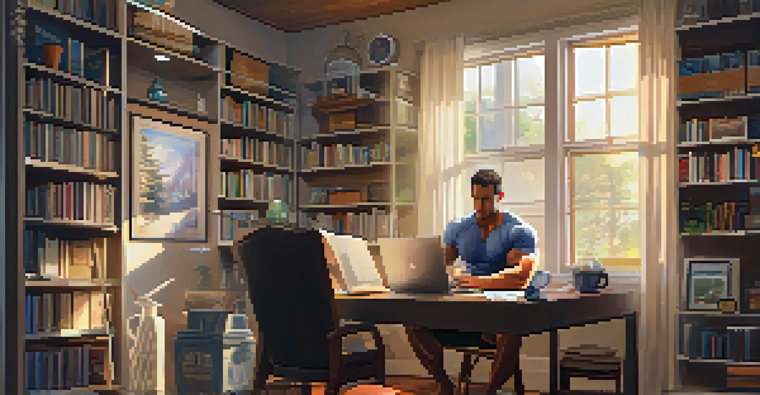 A bodybuilder reviewing progress on a laptop in a cozy home office filled with fitness materials and warm lighting.