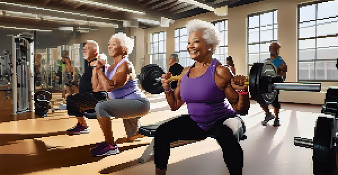 A diverse group of older adults lifting weights in a bright gym, emphasizing strength and determination.