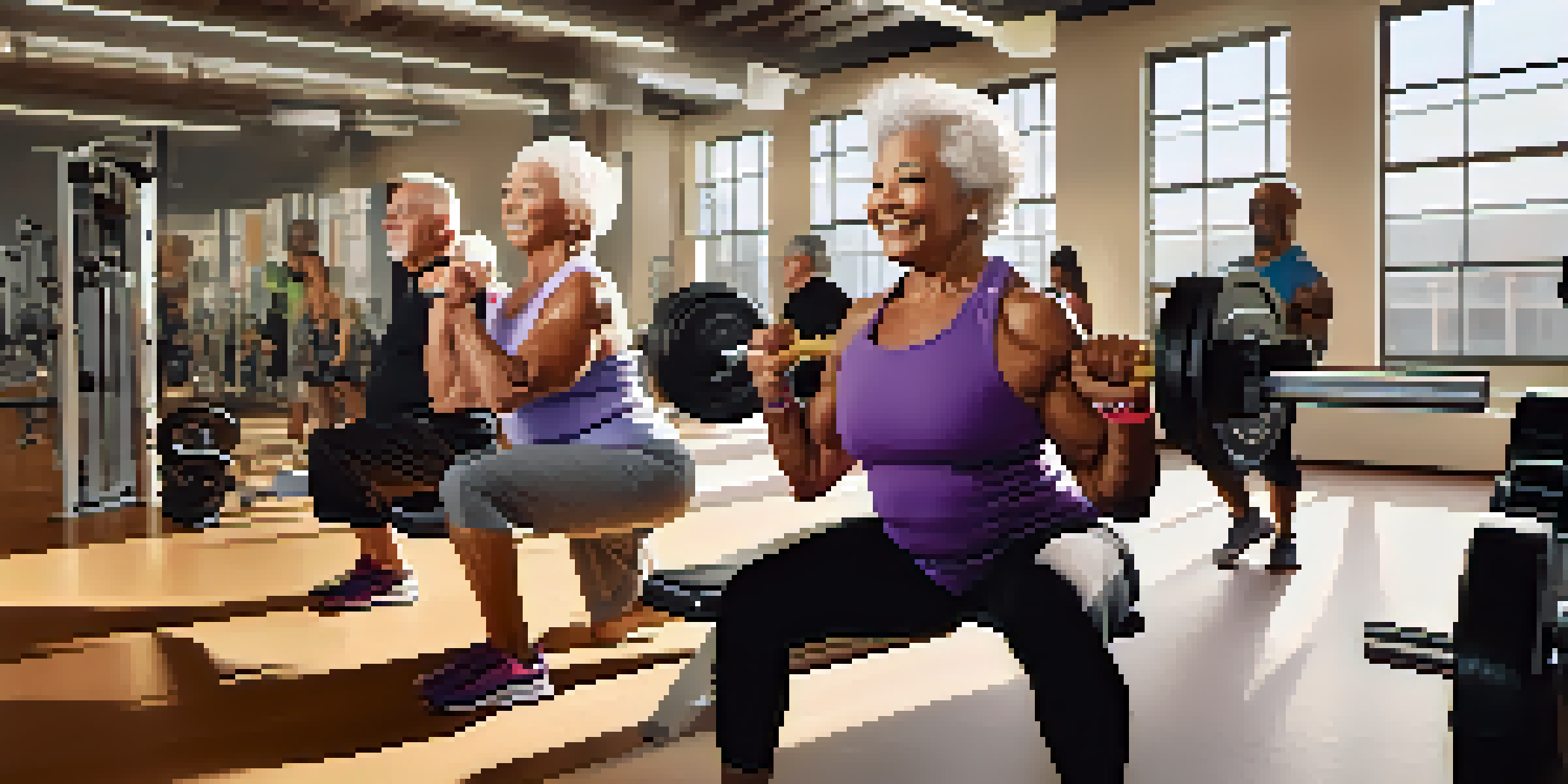 A diverse group of older adults lifting weights in a bright gym, emphasizing strength and determination.