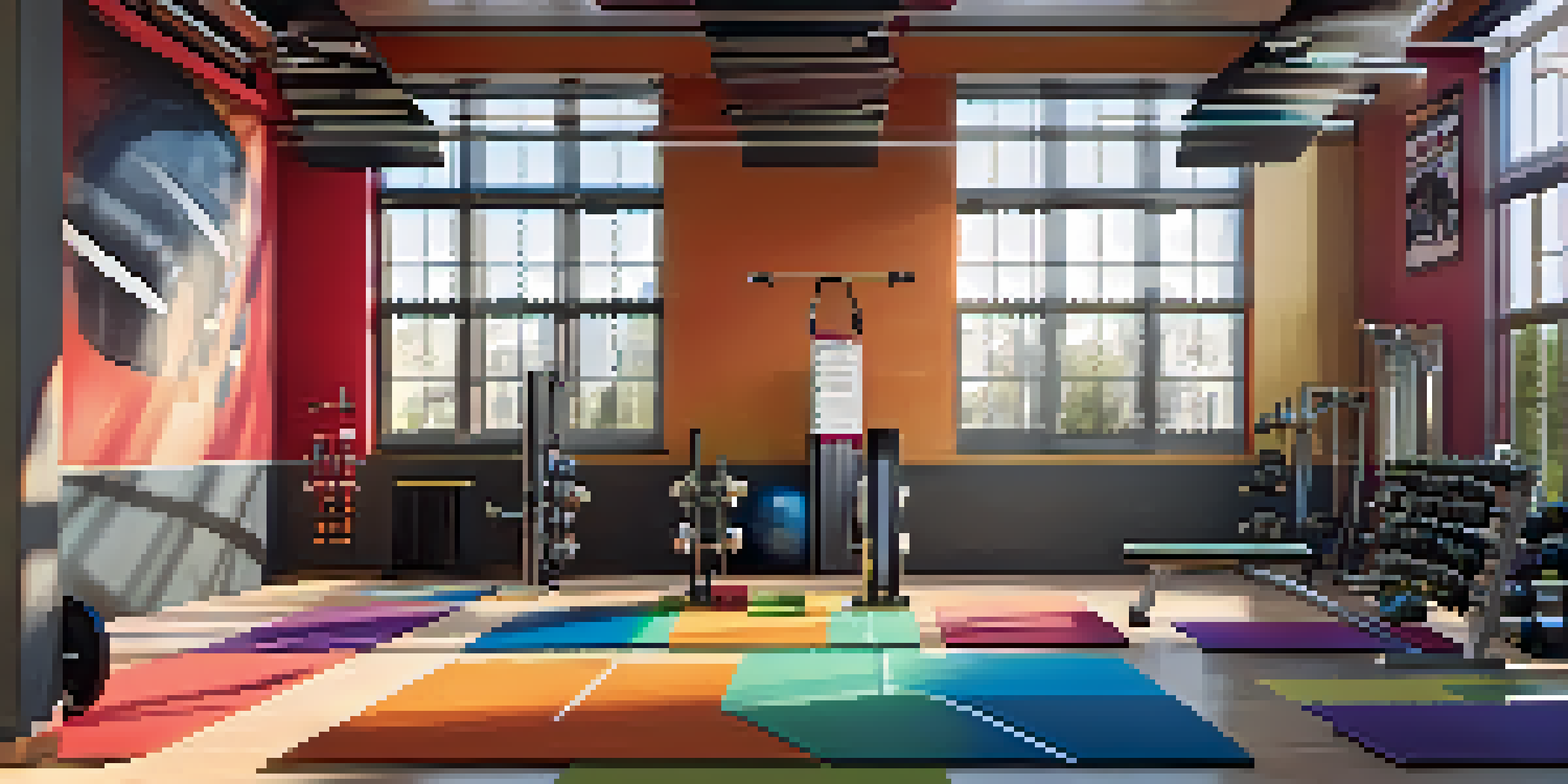 A bright and spacious gym filled with bodybuilding equipment, illuminated by natural light from large windows.