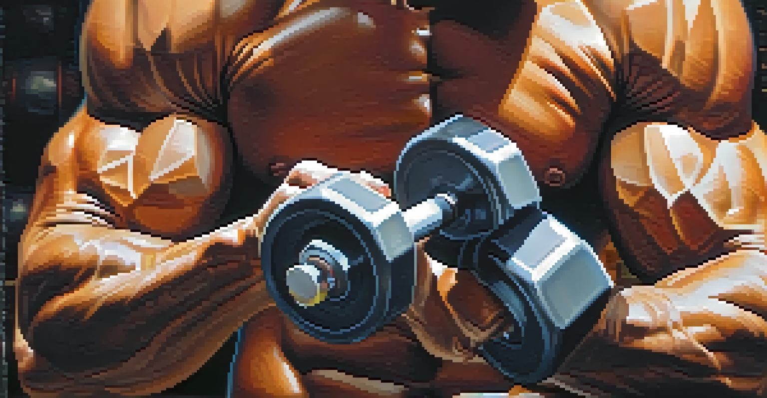 Close-up of a bodybuilder's hands holding a dumbbell, with sweat and a blurred gym background.