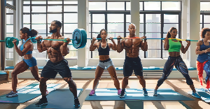 A diverse group of bodybuilders in a well-lit gym, using resistance bands for different exercises.