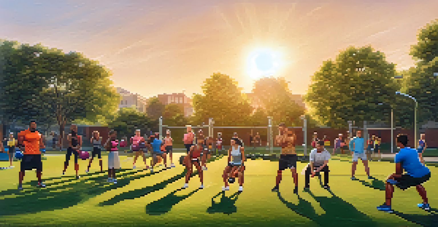 A diverse group exercising in a park, performing kettlebell swings and medicine ball throws during a functional training session at sunset.
