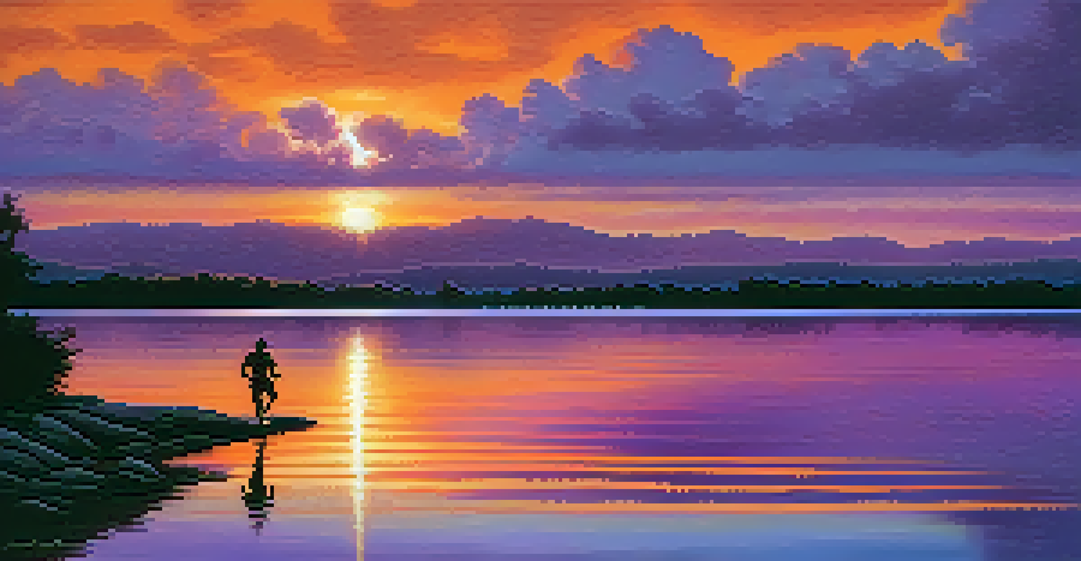 A bodybuilder walking along a lakeside at sunset, with vibrant colors reflecting on the water.