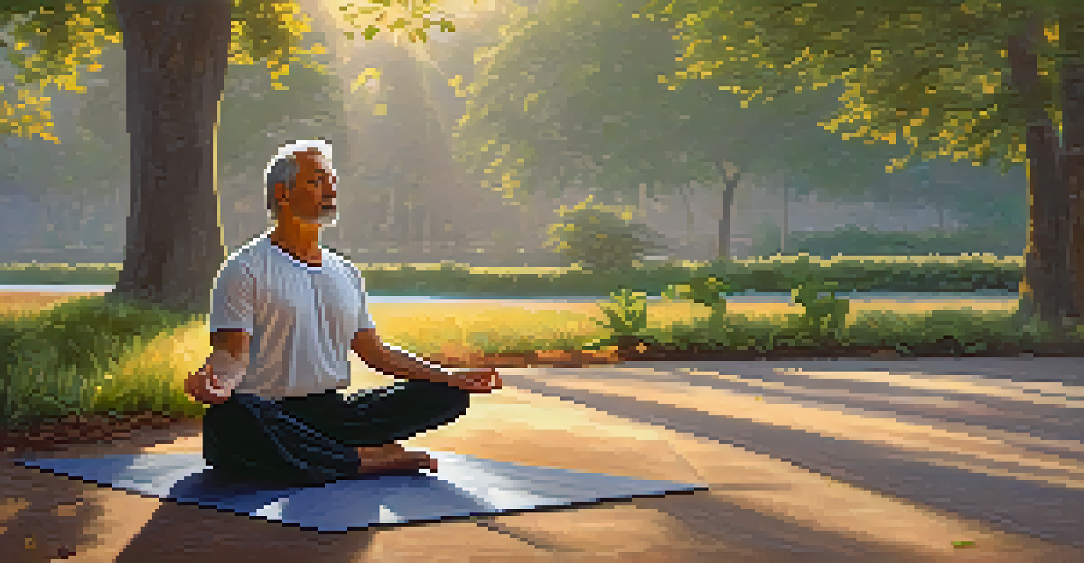 A middle-aged man practicing yoga in a park during sunrise, surrounded by lush greenery.