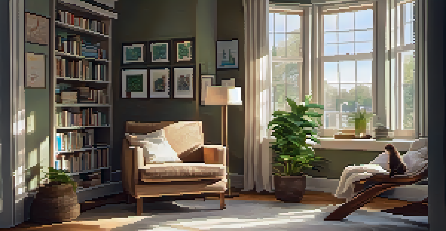 A Caucasian female bodybuilder sitting in a cozy living room, reading a book with a cup of tea beside her, in a sunlit setting.