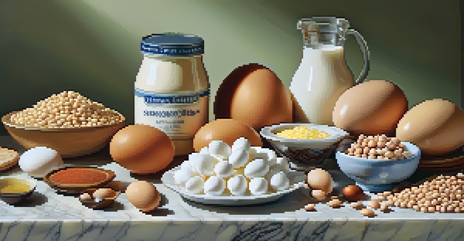 A beautifully arranged display of protein-rich foods like fish, eggs, and beans on a marble countertop.
