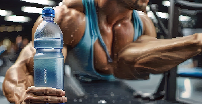 A close-up of a muscular arm holding a water bottle in a gym setting, highlighting the significance of hydration for muscle retention.