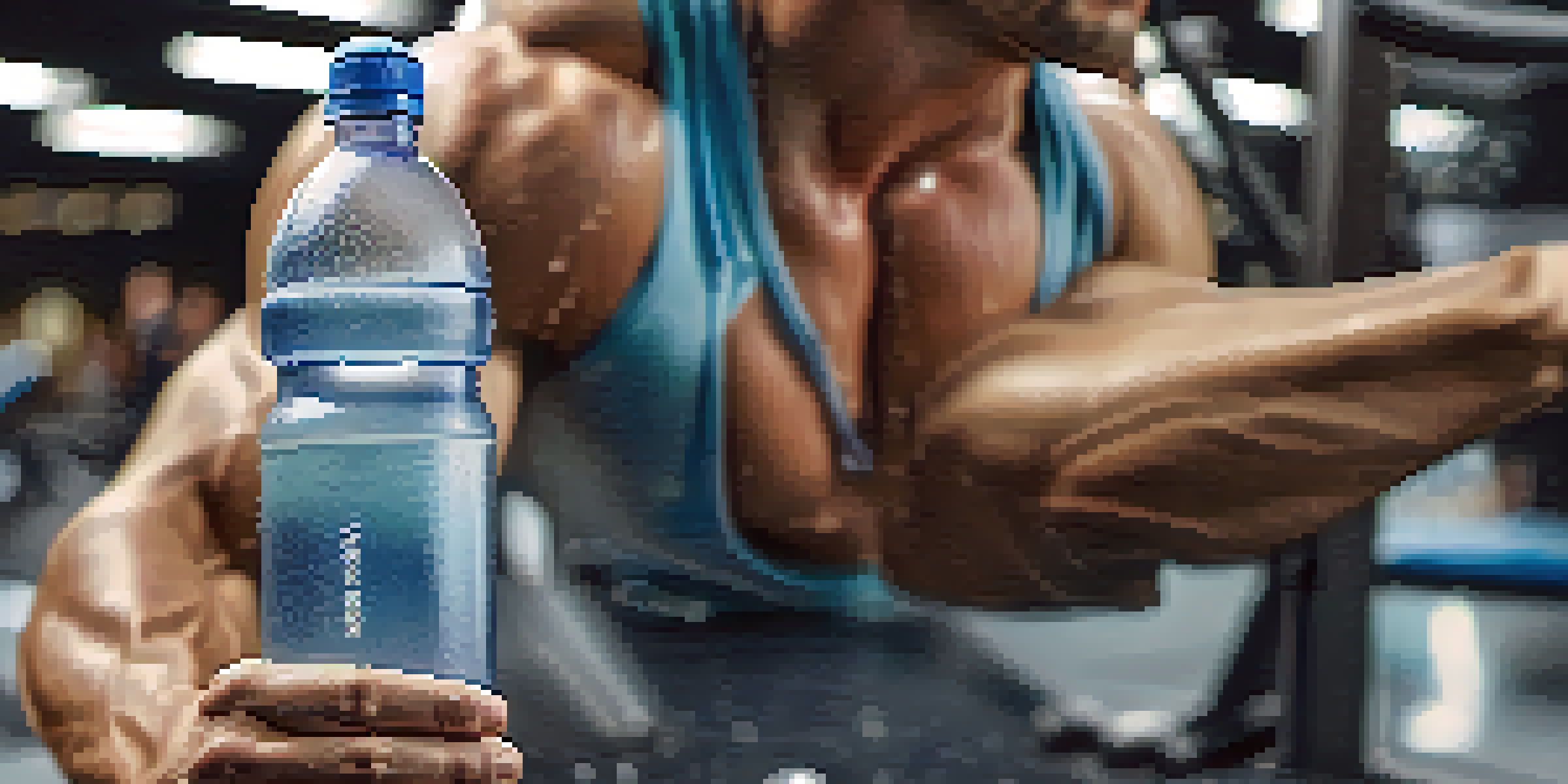 A close-up of a muscular arm holding a water bottle in a gym setting, highlighting the significance of hydration for muscle retention.