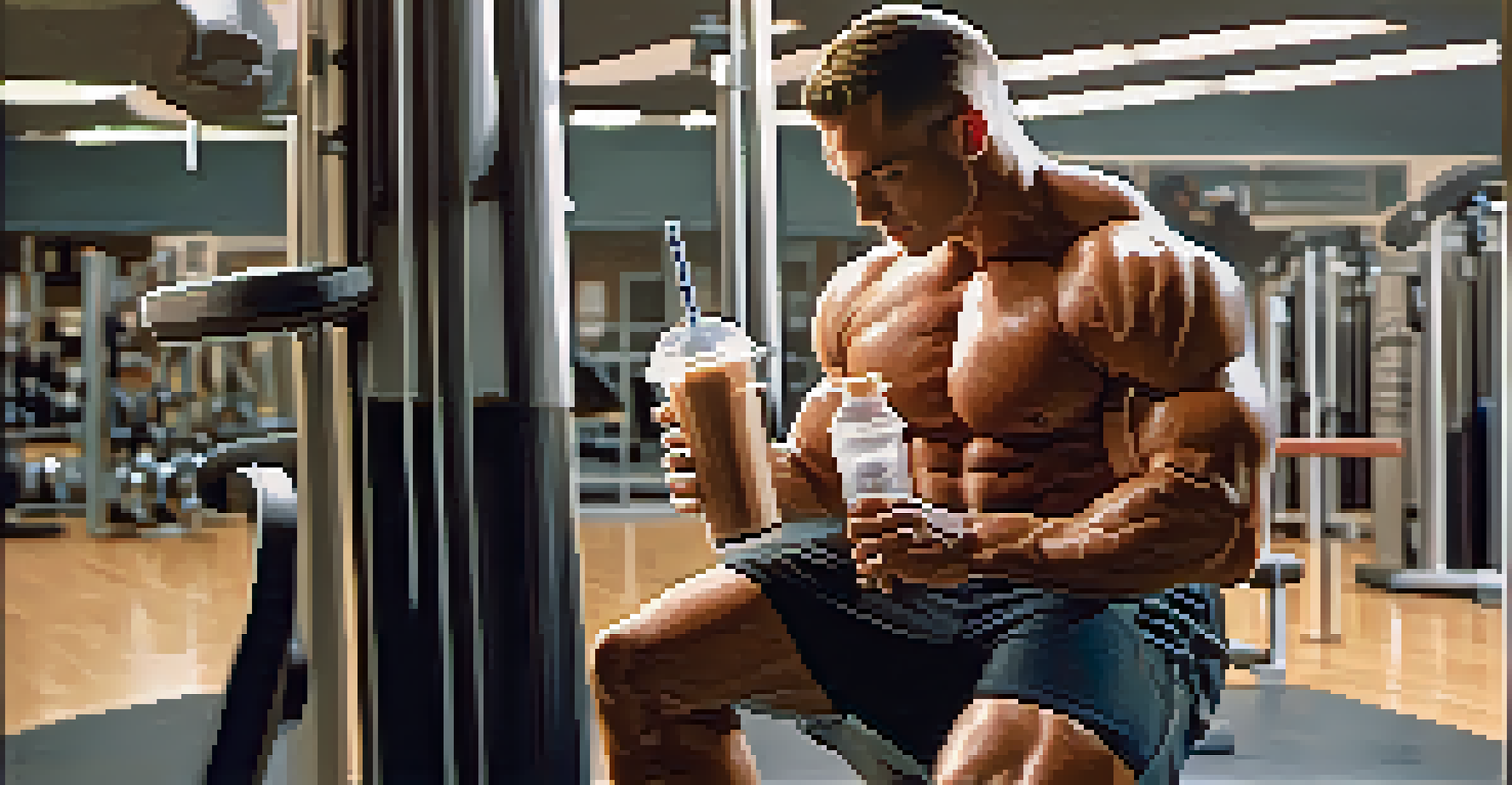 A muscular bodybuilder in a gym, drinking a protein shake after a workout, surrounded by gym equipment.