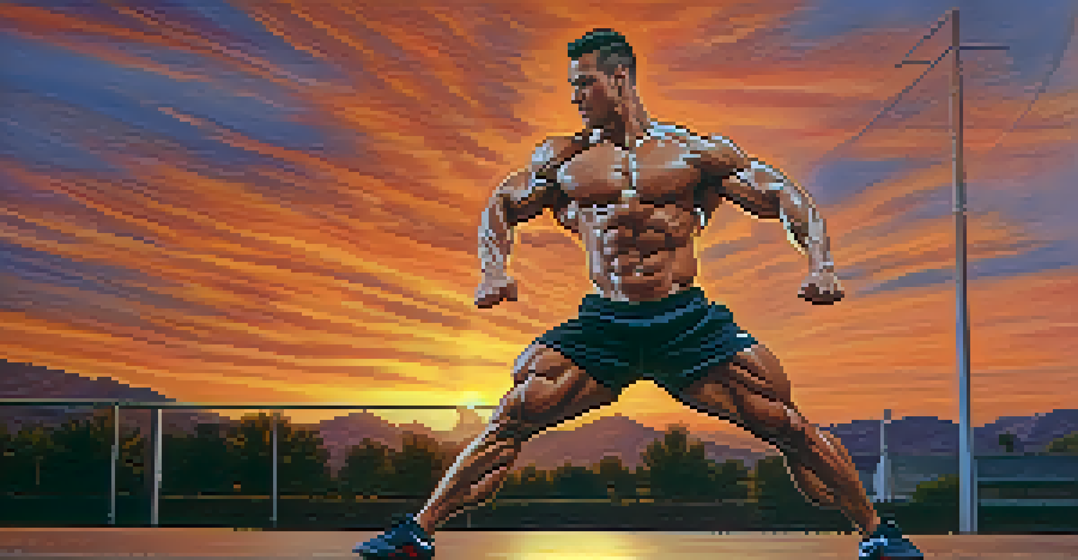 A bodybuilder performing a leg swing outdoors during sunset, showcasing the importance of flexibility in a vibrant and energetic setting.
