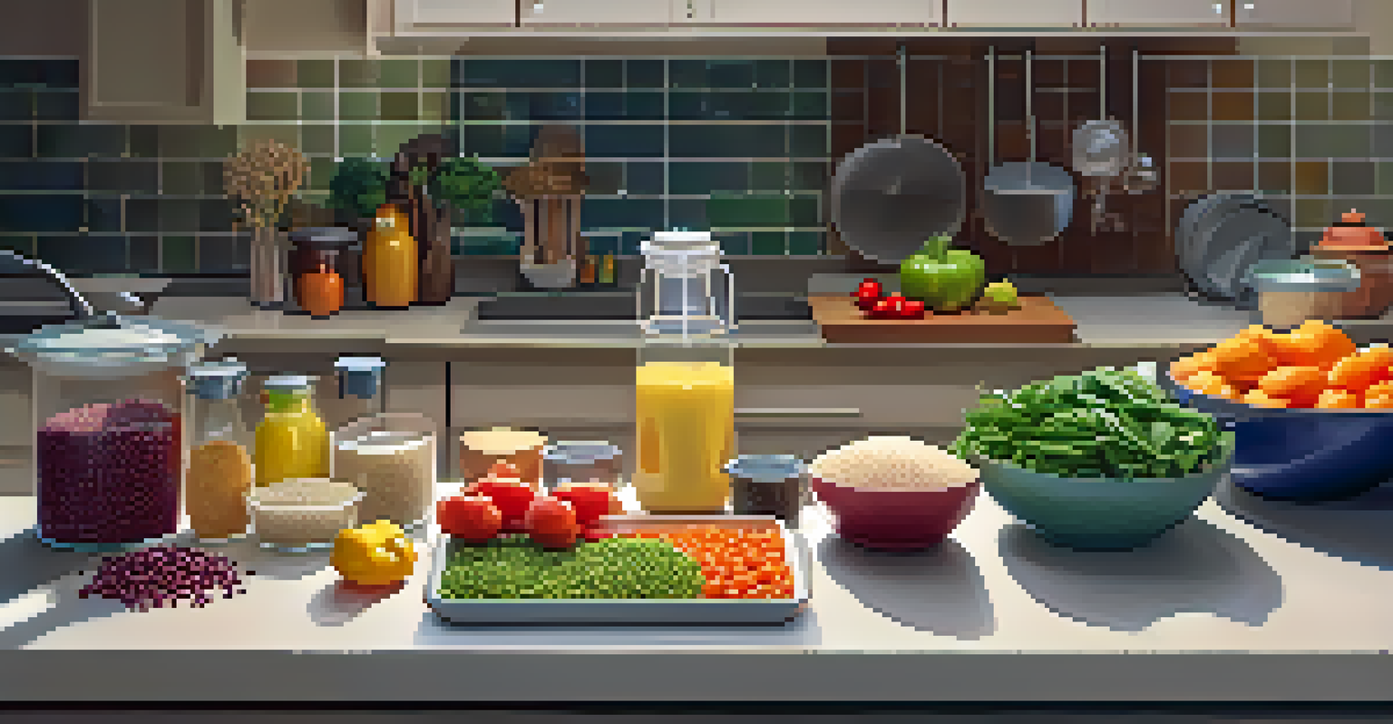 A meal prep area with containers of quinoa and vegetables on a bright kitchen countertop.